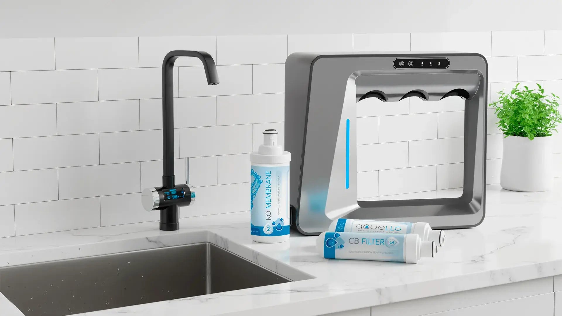 RO System next to a black faucet and a stainless steel sink.