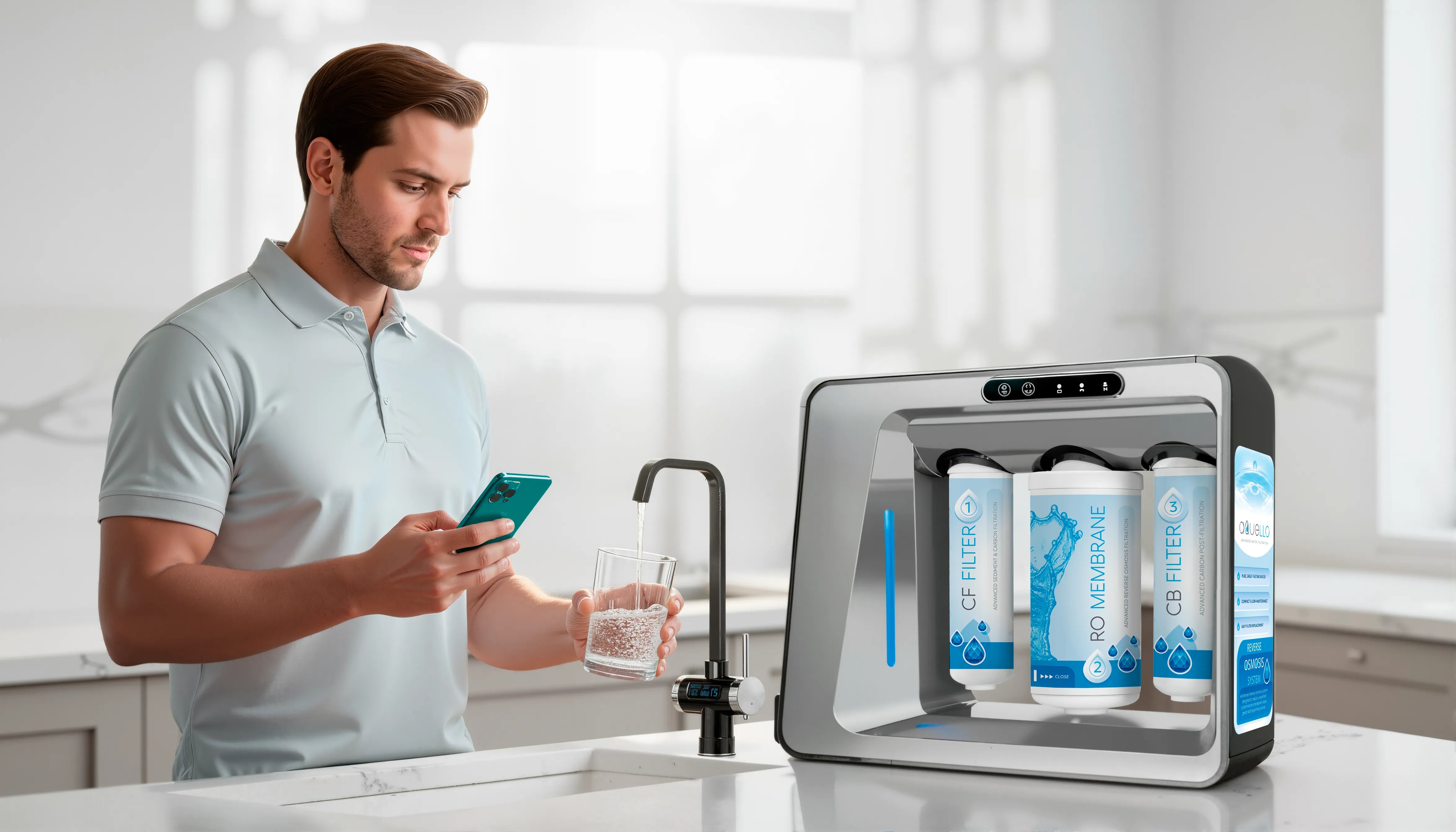 A man with a mobile phone next to a reverse osmosis system