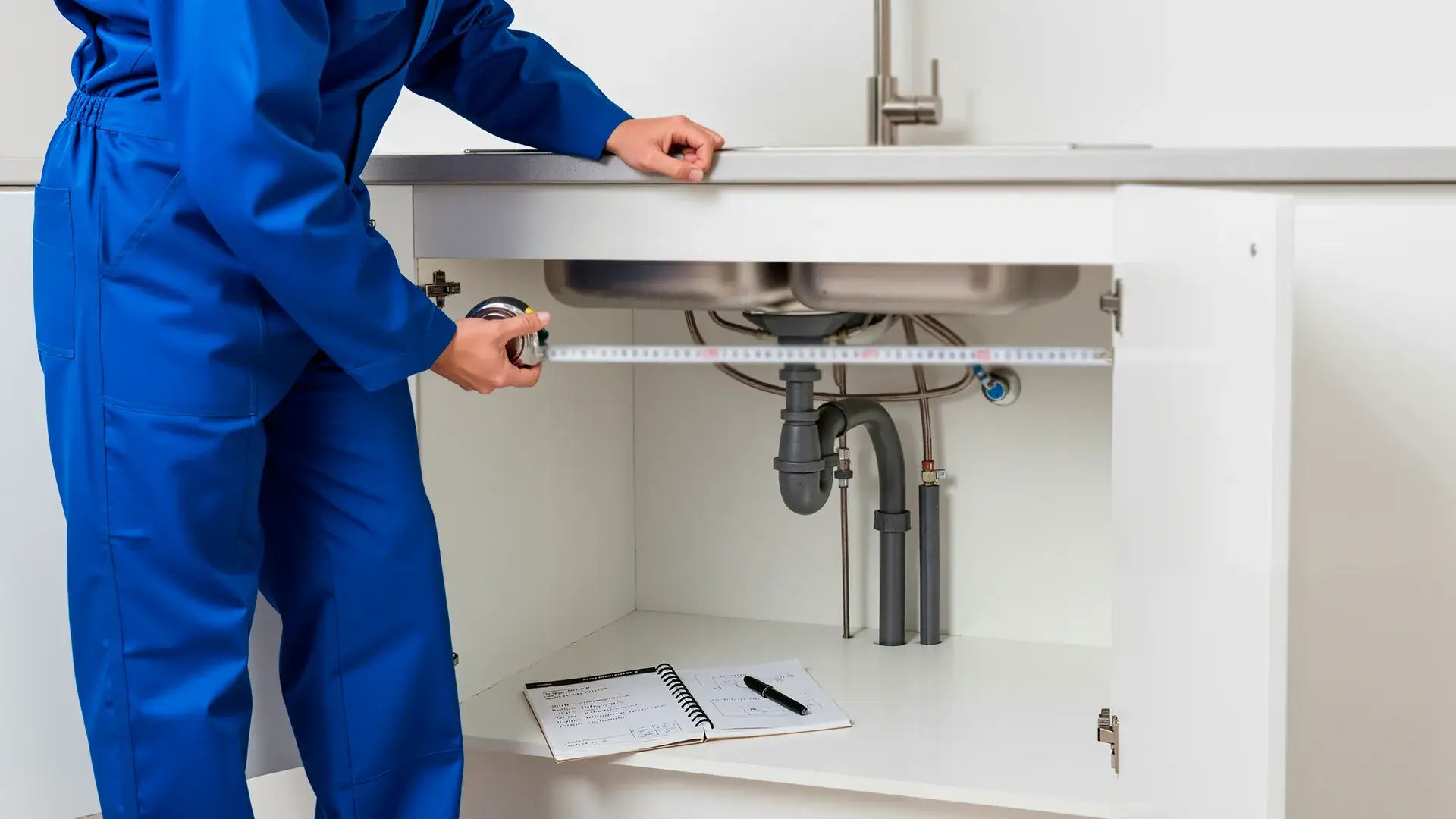 Professional plumber in a blue uniform prepares the place under the kitchen sink for installation.