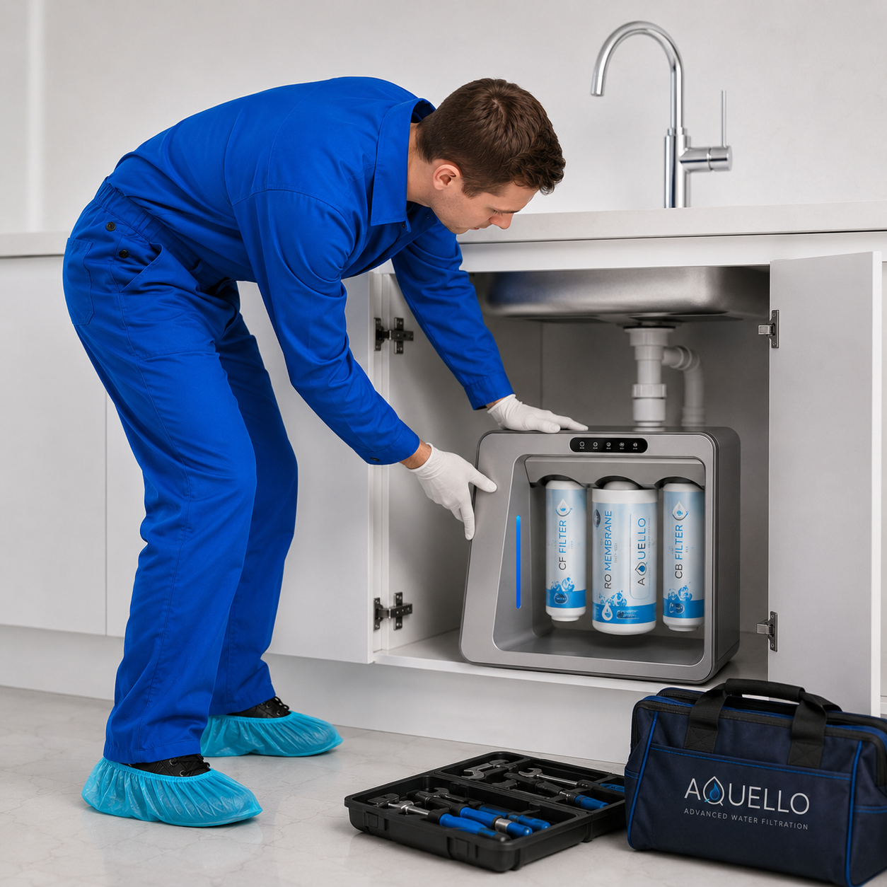 Person installing a water filtration system under a kitchen sink with Aquello branding.