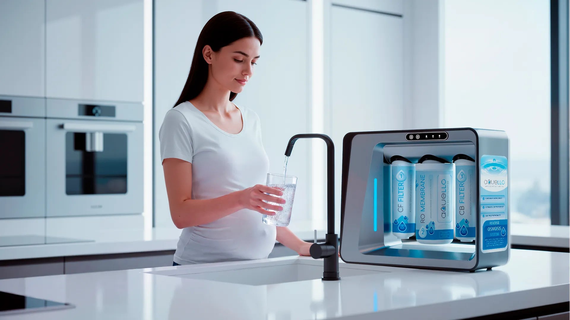 Pregnant woman standing in a modern kitchen next to a countertop water purifying system.